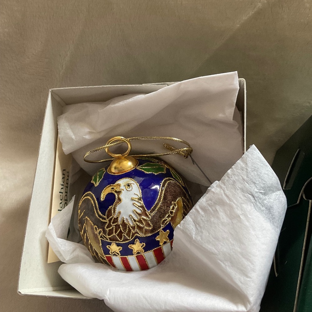 Cloisonné Bald Eagle and Holly Patriotic Christmas Ball 250th Birthday USA